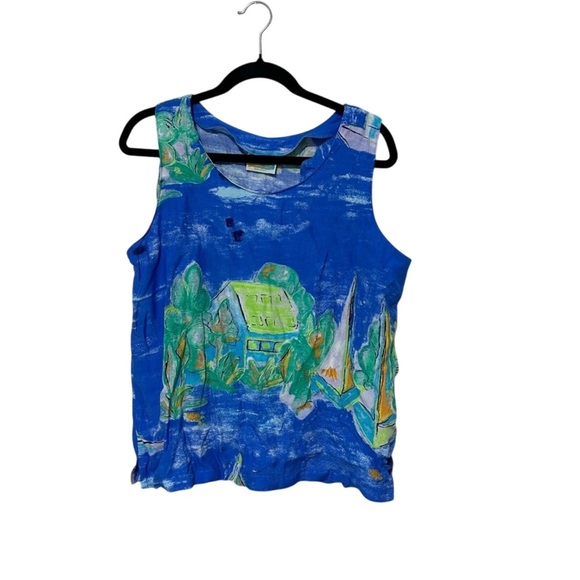 Vintage Tops - Vintage Blue Green Graphic Seasuns Pattern Tank Top Size Medium